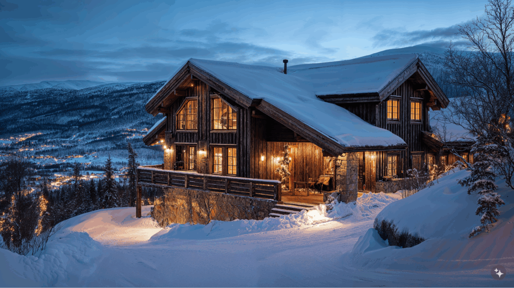 A Norwegian cabin designed hospitality space with wooden framing and stone accents set in a snowy landscape.