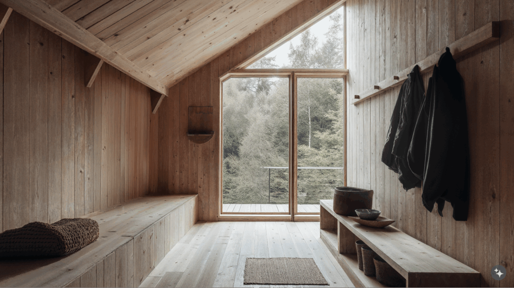 A Norwegian cabin designed residential space with wooden shelving, large windows, and brown area rugs.