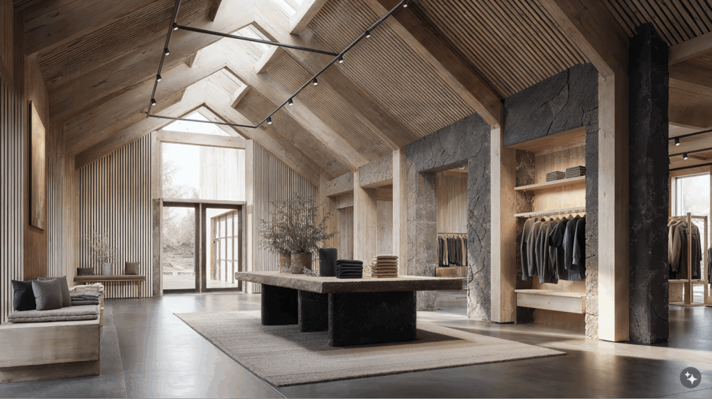A Norwegian cabin designed retail space with wood paneled ceilings, natural stone flooring, and concrete walls.