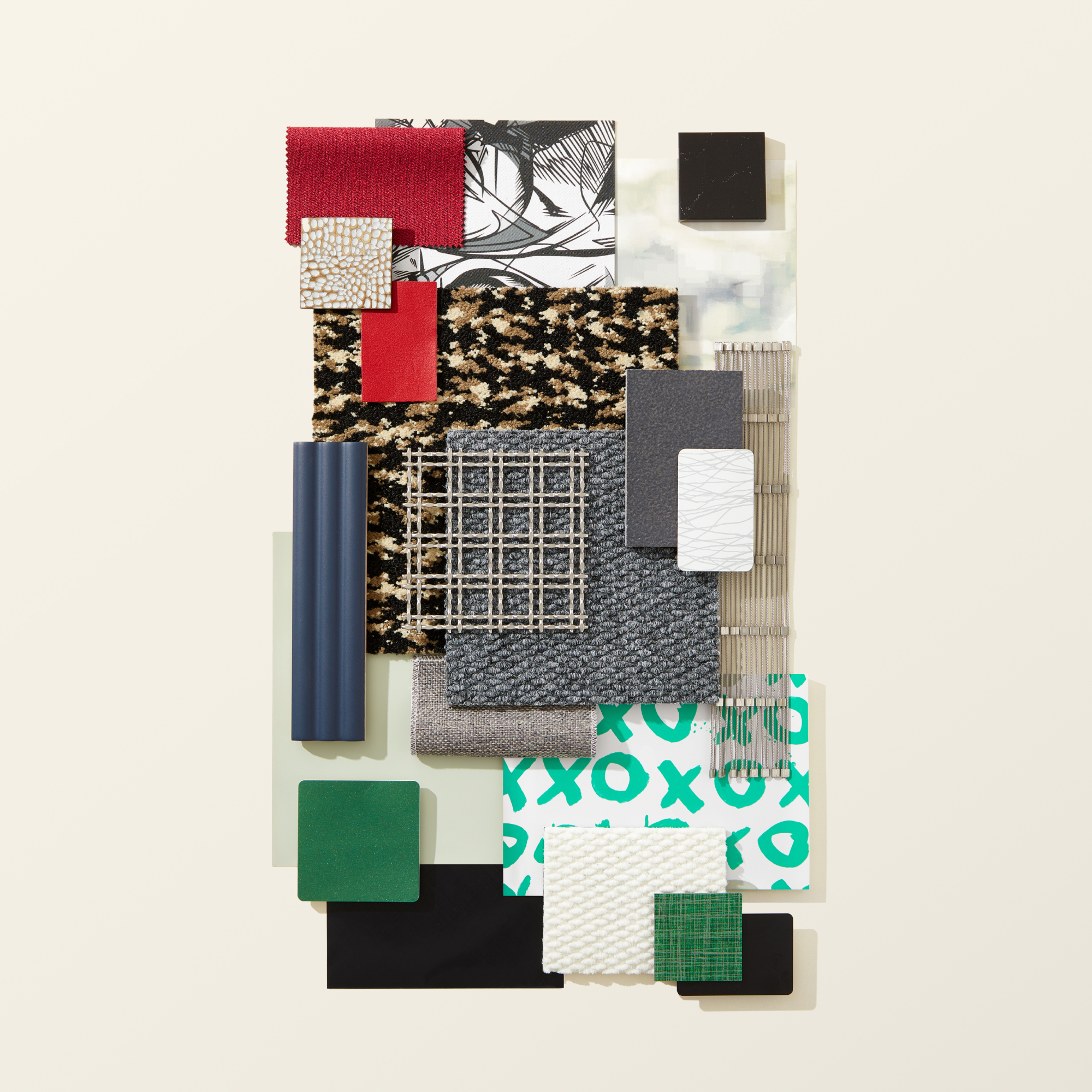 Skybox-inspired colors and textures, green vinyl tile, metal mesh paneling, black, white, and red textiles.