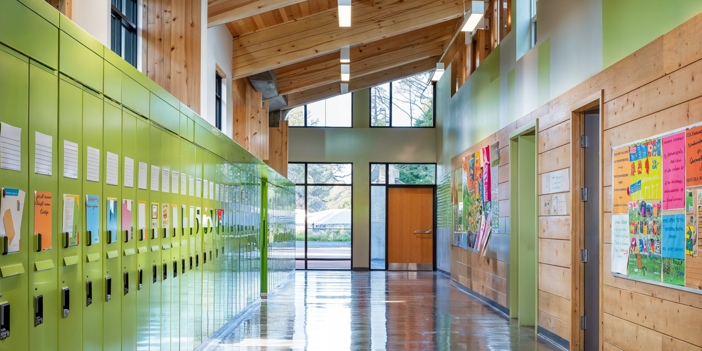 Sustainable high school interior with big windows, wood paneling on the ceiling, and bright lockers.