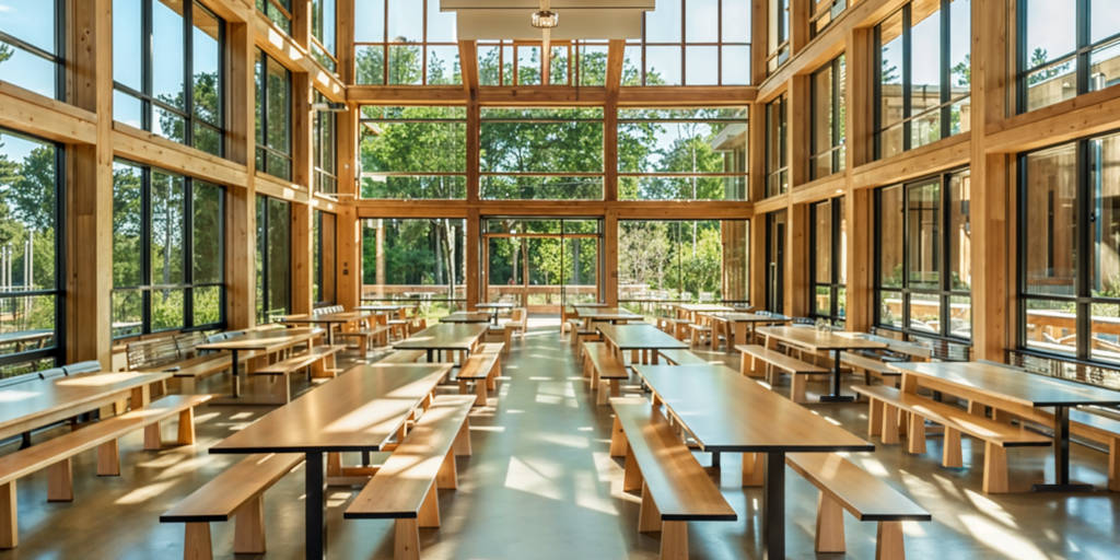 Sustainable High School Interiors cafeteria with large floor to ceiling windows, wood paneling and long wooden tables. 