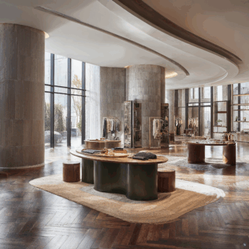 A retail space with chevron patterned wooden floors plush broadloom carpet, and concrete pillars.