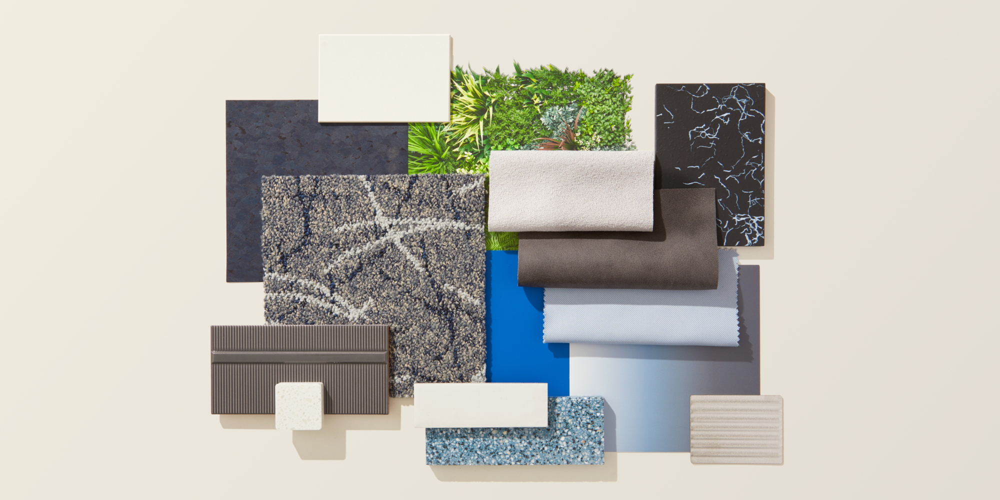 A collection of materials in a variety of colors, textures and categories representing Top-Sampled Materials in Transportation.