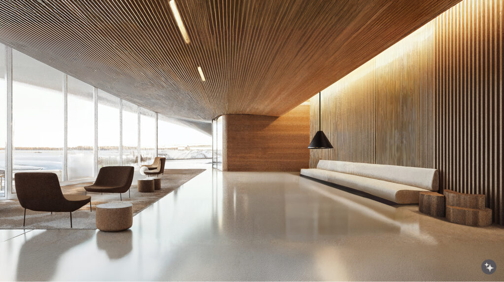 A Finnish sauna design inspired transportation terminal with acoustical ceilings, wooden wall paneling, and modern furniture.