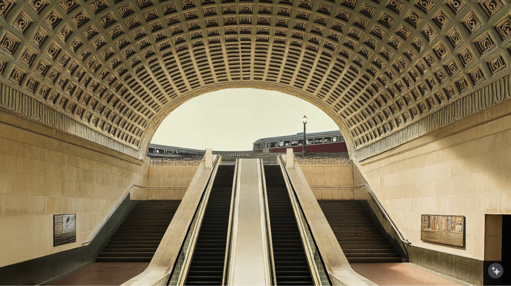 An Egyptian revival station with coffered ceilings, stone walls, and escalators.