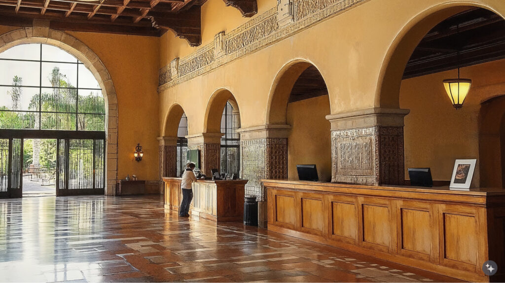 A Mexican hacienda designed transportation terminal with brick flooring, coffered ceilings, and wooden wall paneling.