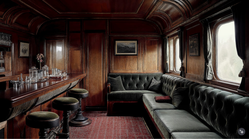 A British arts and crafts designed train car with upholstered furniture, wooden wall paneling, and red broadloom carpet.