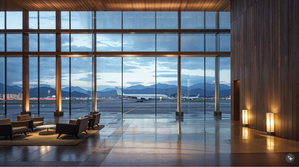 An airport lounge, with large windows offering a mountain view and a plane on the tarmac outside. The contemporary architecture features Japanese Zen design with wooden elements, glass panels, complemented by modern lighting fixtures and minimalistic furniture.