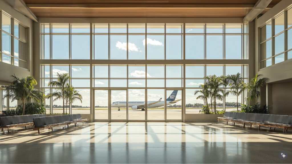 Key West design airport terminal waiting area. Long bench seating, indoor palm trees and large floor to ceiling glass windows.  