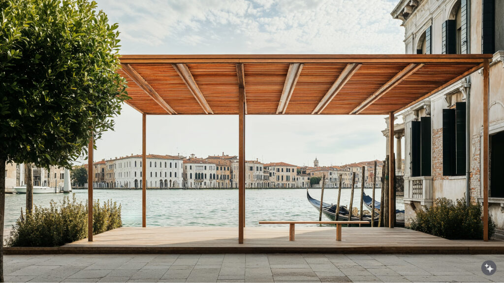 Venetian design ferry terminal with wooden covering sitting in front of a building with plaster and brick overlooking the canal with boats docked at the terminal.