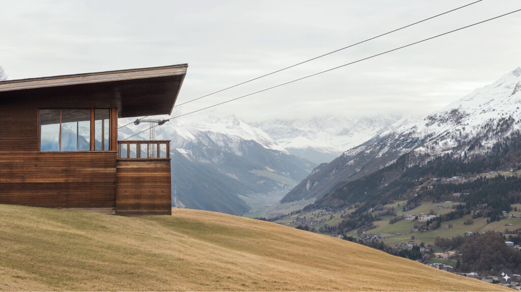 Swiss Alpine design cable car lift station from the exterior building. The exterior facade is wood panels with a slanted roof and large open window. An exterior waiting area off to the side of the building where cable cars pickup and drop off riders. 