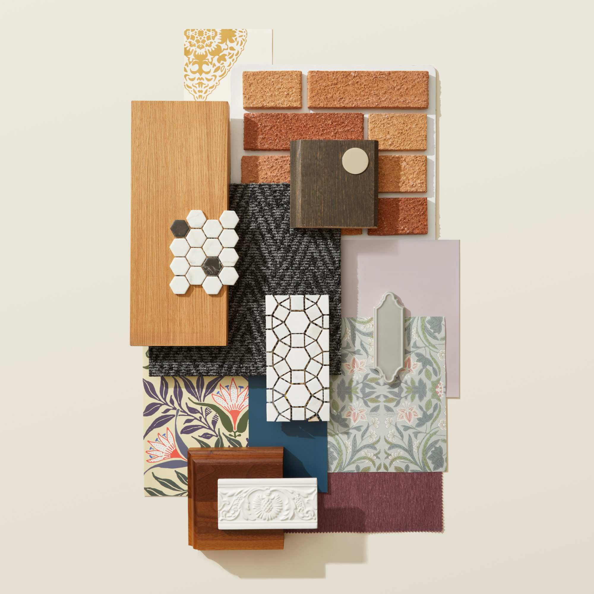 A collection of materials inspired by the influence of Walt Disney on Turn-of-the-Century Design. This collection has brick, tile, floral wallcovering, wood and soft muted colors.