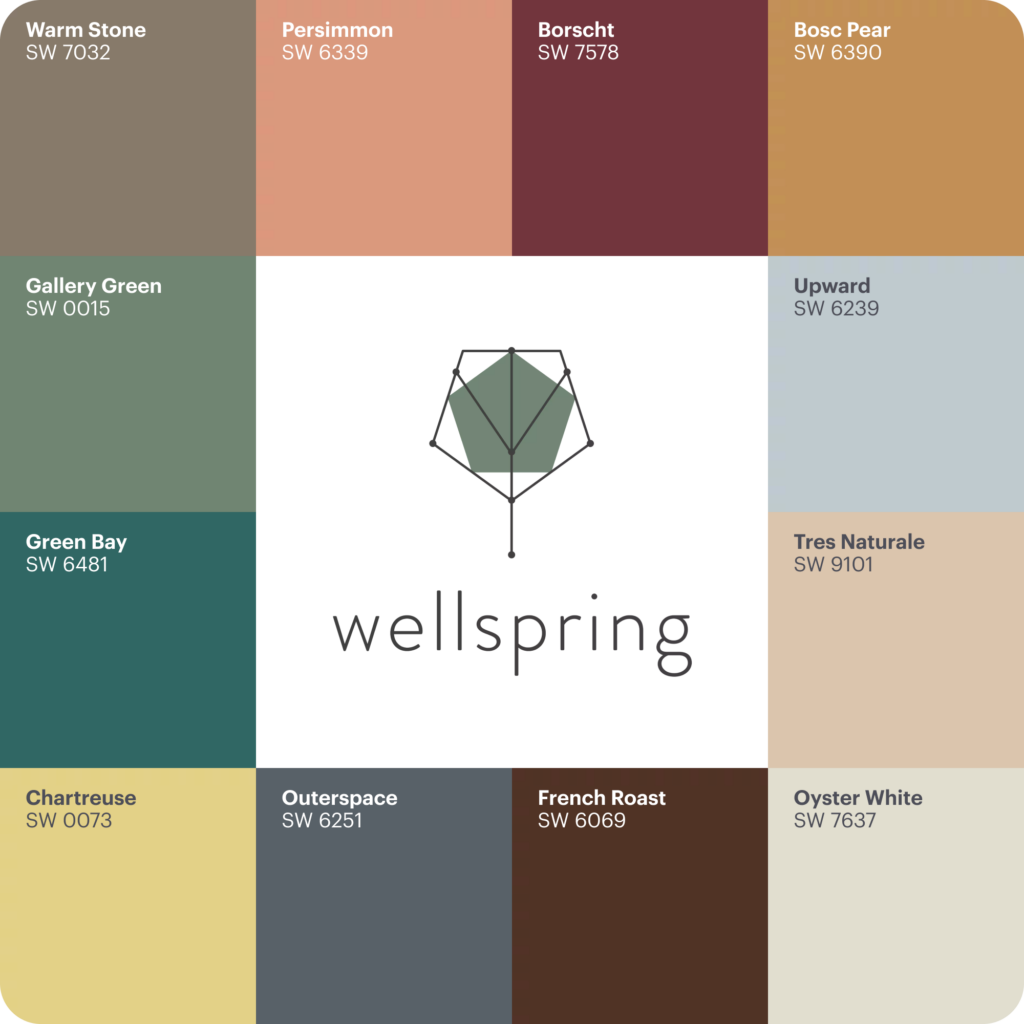 An image showcasing all the colored paint options included in the Sherwin-Williams Colormix® 2025: Capsule Wellspring.