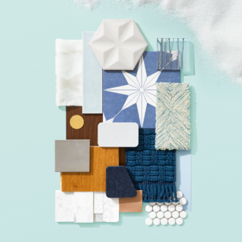 A flat lay inspired by frosted layers which incorporates a variety of materials, textures and patterns in woods, whites and shades of blue.