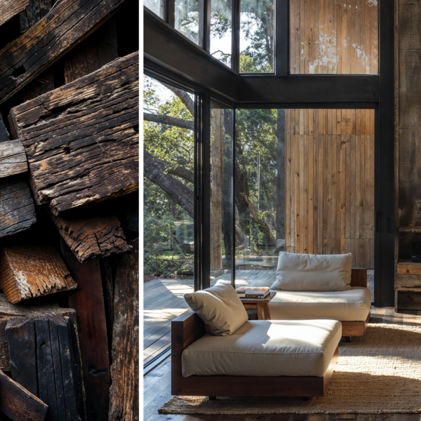 Image highlighting circular economy with a split image. The left side is a pile of used wood and on the right an image of a living room with wood walls, floor and furniture. Showing how the material can be reused again.