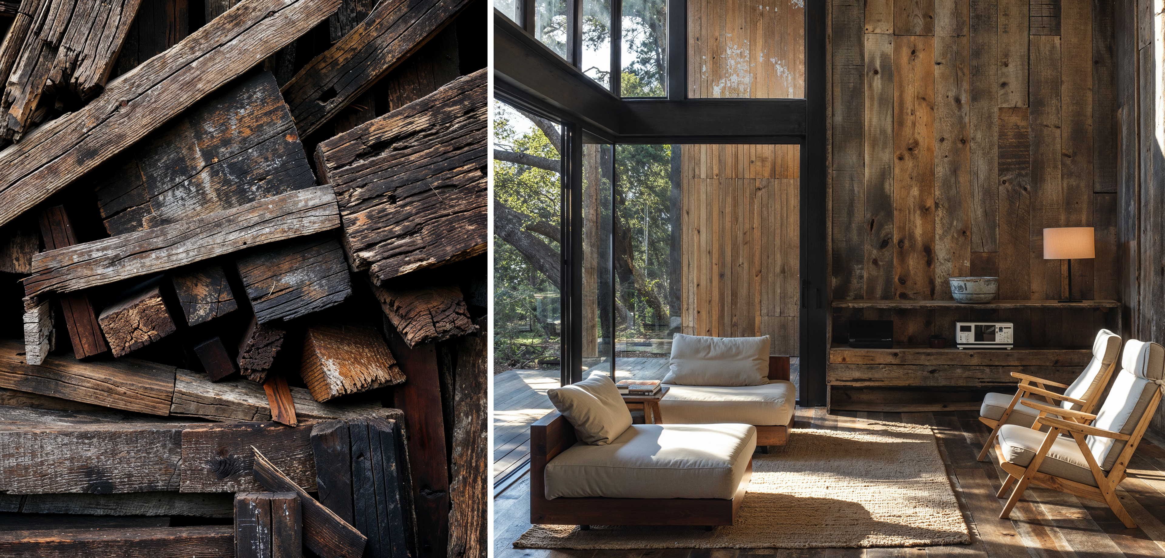 Image highlighting circular economy with a split image. The left side is a pile of used wood and on the right an image of a living room with wood walls, floor and furniture. Showing how the material can be reused again.