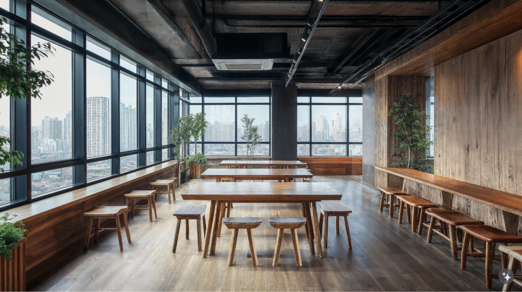 A Korean Hanok designed workplace with wooden furniture, large windows, and exposed beams.