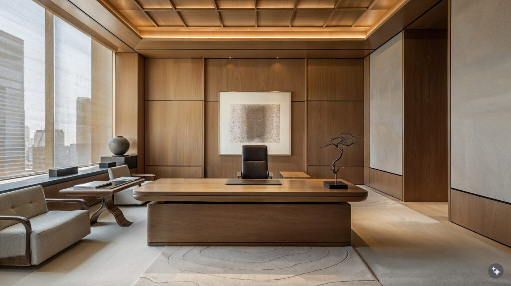 A contemporary Japanese Zen designed office space with an elegant desk, natural wood paneling on the walls and ceiling, large windows showcasing the cityscape, a neutral color palette, and modern art pieces. 