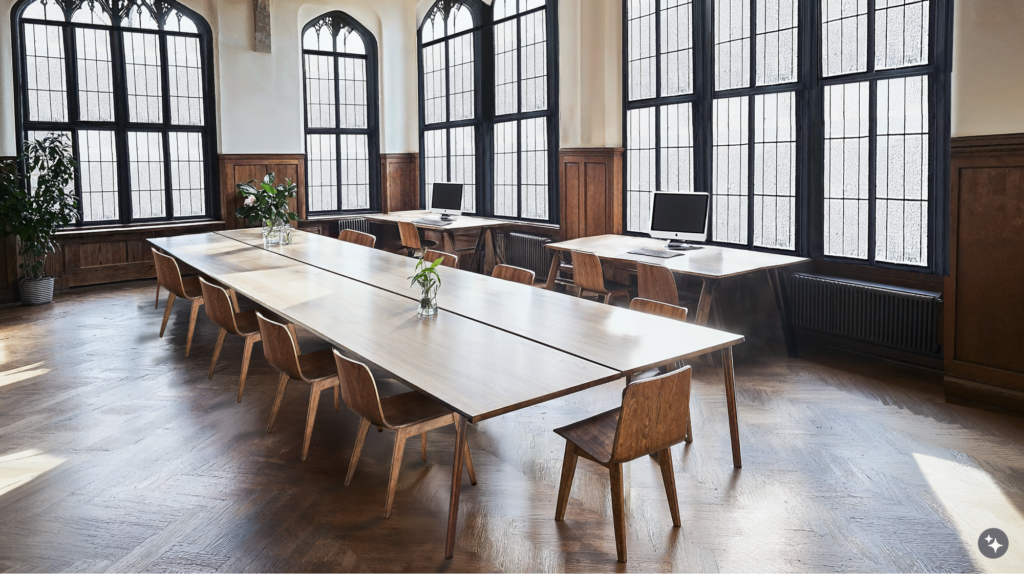 A British arts and crafts designed workplace with chevron patterned wooden floors, large windows, and white walls.