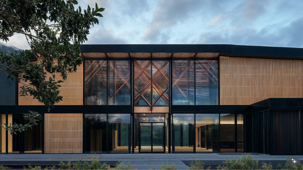 A Maori inspired office building with wooden paneling, large windows, and concrete walkways.