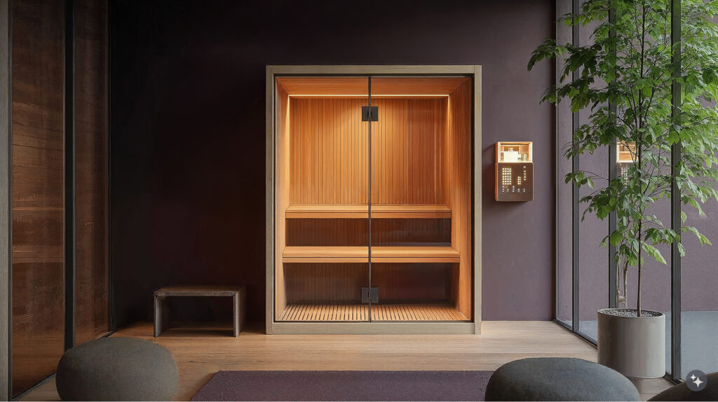 A Finnish sauna design inspired workplace with purple walls, plush seating, and wood paneling.
