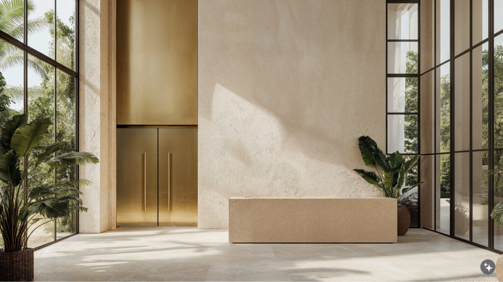 An Egyptian Design workplace with gold doors, marble flooring, and stone surfaces.