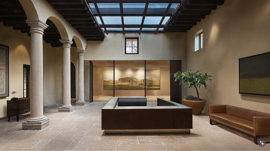 A Mexican hacienda designed workplace with natural lighting, brick floorings, and modular furniture.