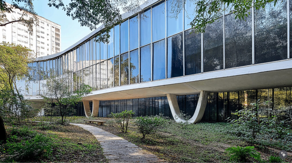 A Brazilian Modernist Designed exterior office building made of glass and cement and surrounded by grass, shrubs and trees.