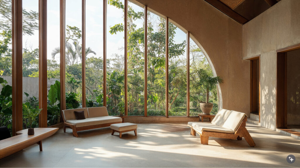 Balinese design wellness room within an office. Large arched designed window lets in lots of natural light and gives open views to the natural foliage outside. The room has comfortable seating in neutral tones. 