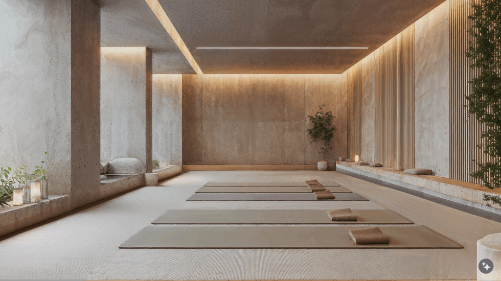An Icelandic minimalist designed workplace with concrete walls, beige carpets, and wooden wall paneling.