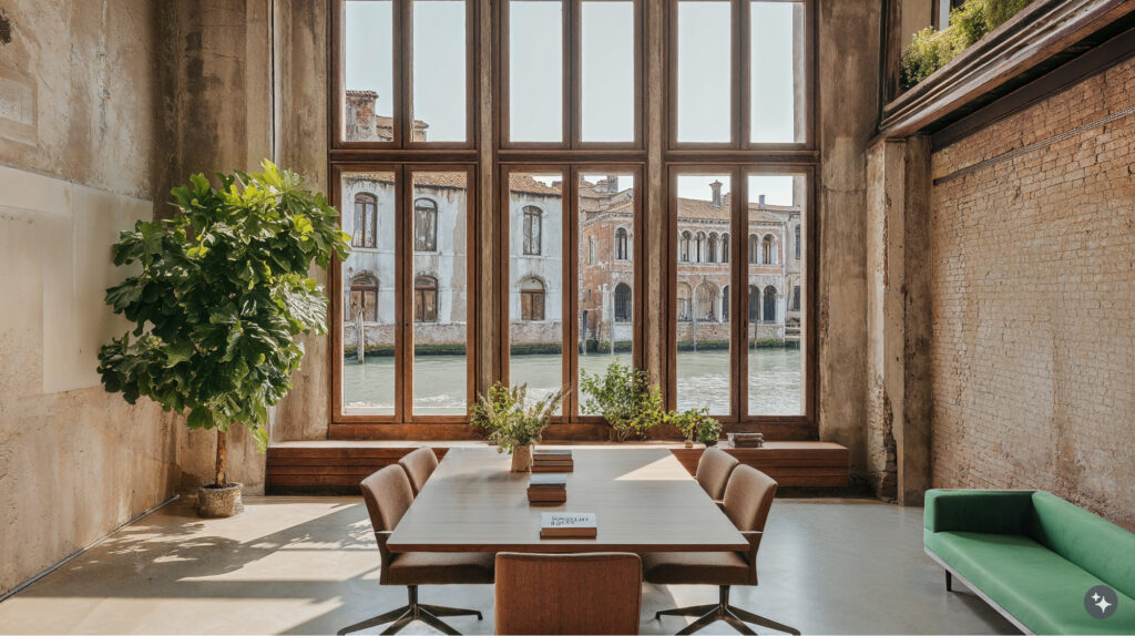 Venetian design office conference room with a large wooden conference table with neutral taupe colored chairs, tile floors, tile, plaster and brick walls in neutral hues. The room overlooks a canal with large floor to ceiling windows. 