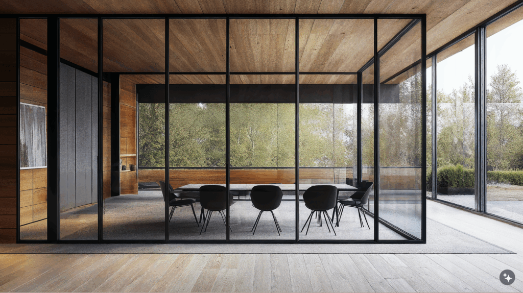 A Norwegian cabin designed workplace with wood paneled ceilings, large windows, and grey carpets.