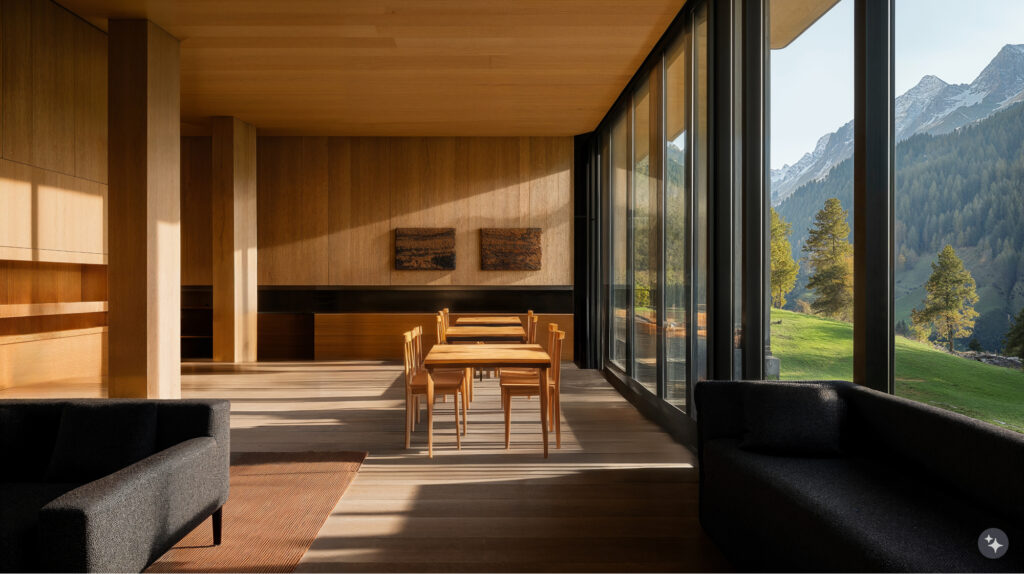 Swiss Alpine design employee lounge and cafeteria with wood paneled walls and ceilings, large floor to ceiling windows with lush mountain views. Grey couches for seating and another area with wooden tables and chairs for eating or working. 