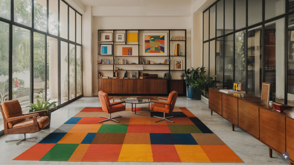 Cuban Design office. Vibrant color blocked area rug, mid-century modern inspired furniture, floor to ceiling windows letting in lots of natural light. 