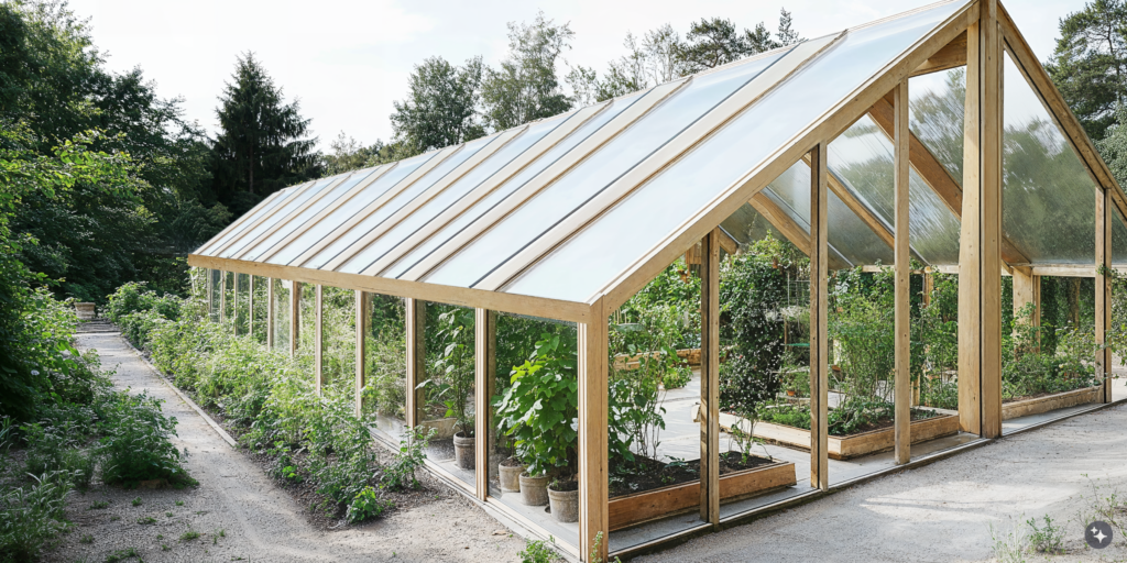 A Scandinavian inspired greenhouse with open ceilings, glass panels, and green flora.