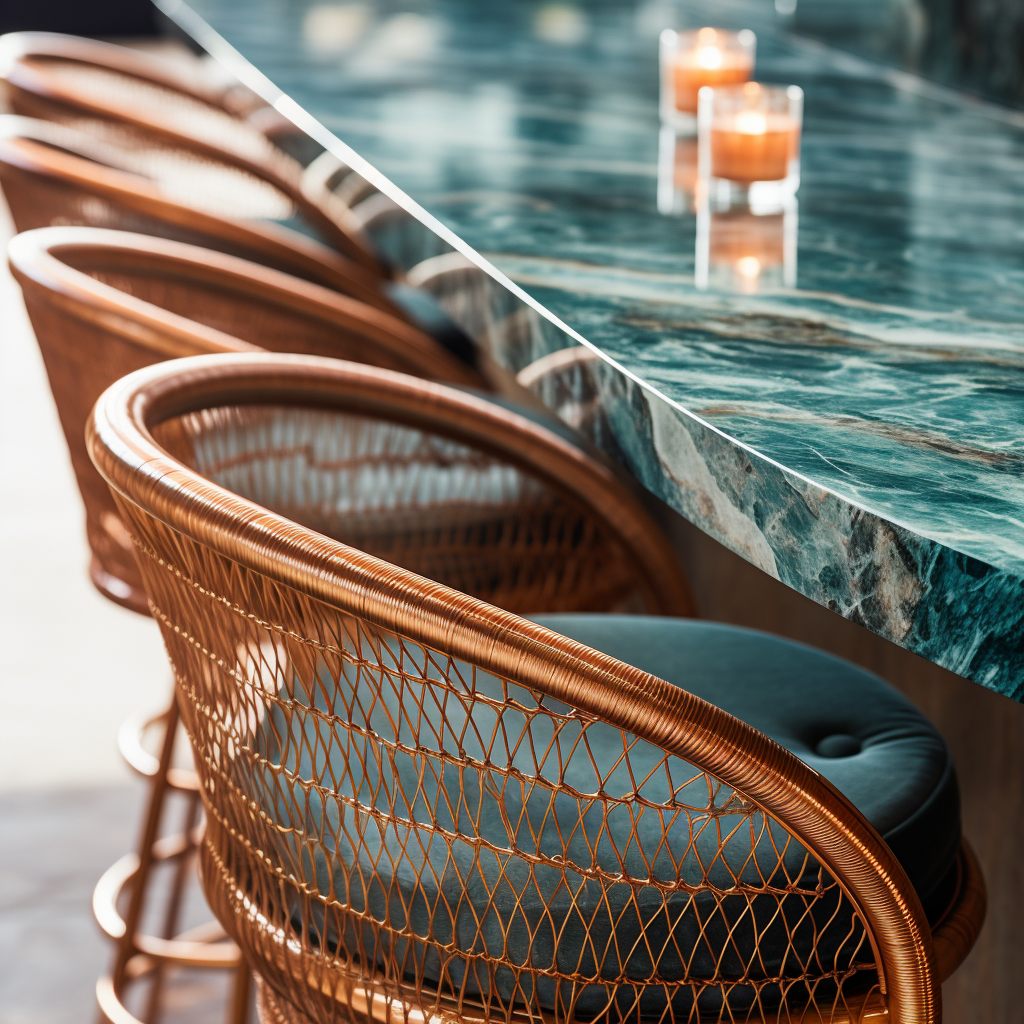 A closeup shot of a bar's teal and copper wicker high-top chairs, showcasing their texture against an elegant marble countertop with candles on it. The focus is set at eye level to capture details of the chairs and the edges and marbleization of the bar top.