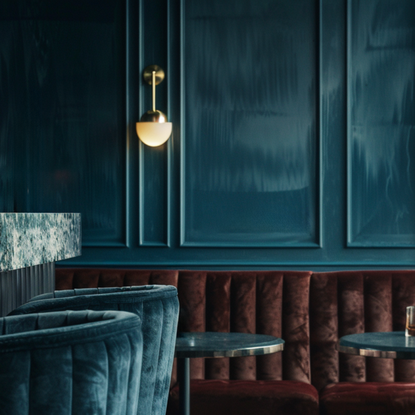 A closeup detail shot a bar and lounge area which has enhanced it's design with dark teal walls and teal natural stone bar top with teal velvet chairs. A banquet of dark burgundy velvet sets with round bistro style tables along the wall.