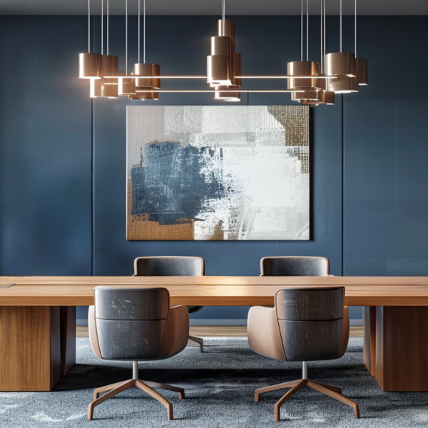 Modern office conference room with accent area rug underneath a large wooden conference table.