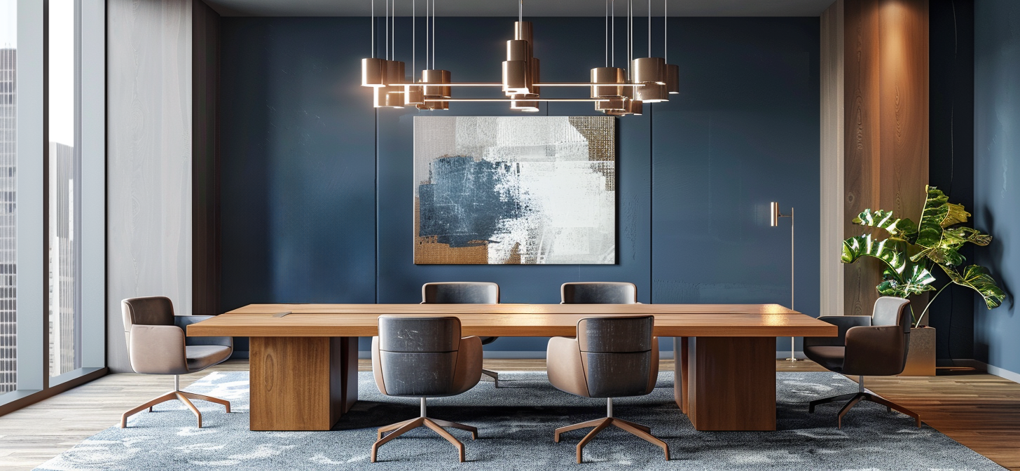 Modern office conference room with accent area rug underneath a large wooden conference table.