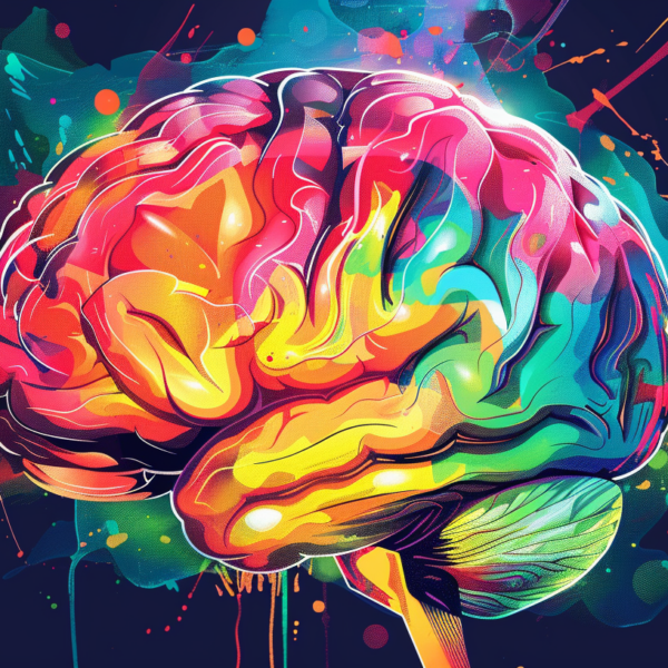 A picture shows an illustration of a multicolored brain, on a dark blue background representing a story about modern workspaces for neurodiversity.