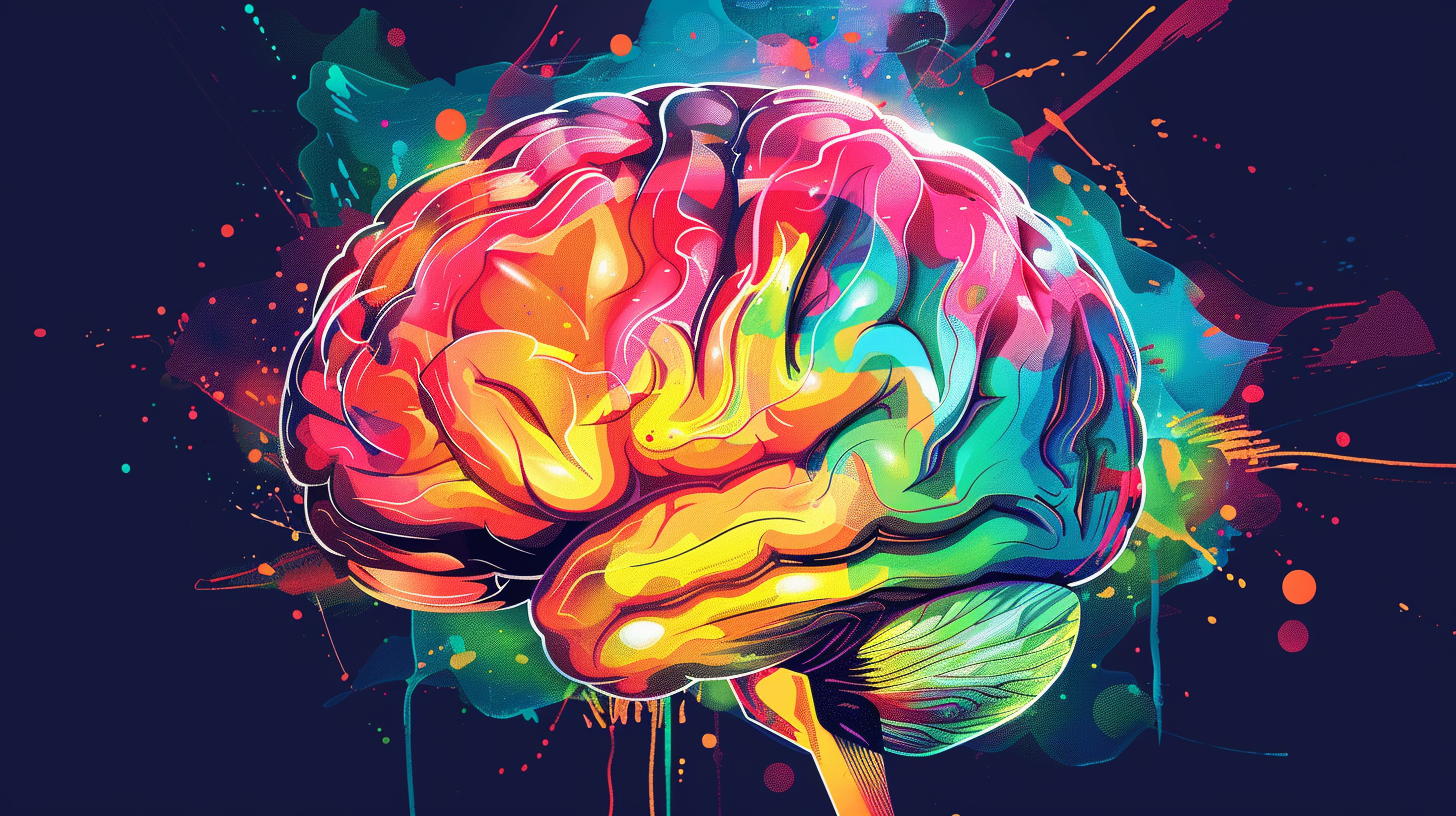 A picture shows an illustration of a multicolored brain, on a dark blue background representing a story about modern workspaces for neurodiversity.