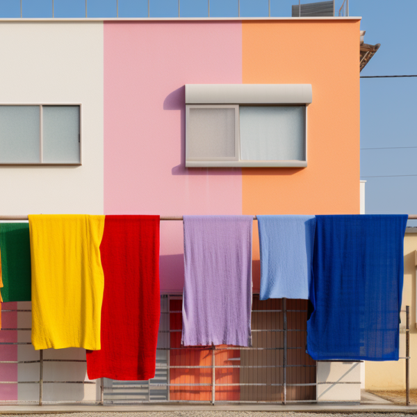 A color blocking paint design on the side of a building in cream, pink and pale orange highlighting a variety of exterior paints.