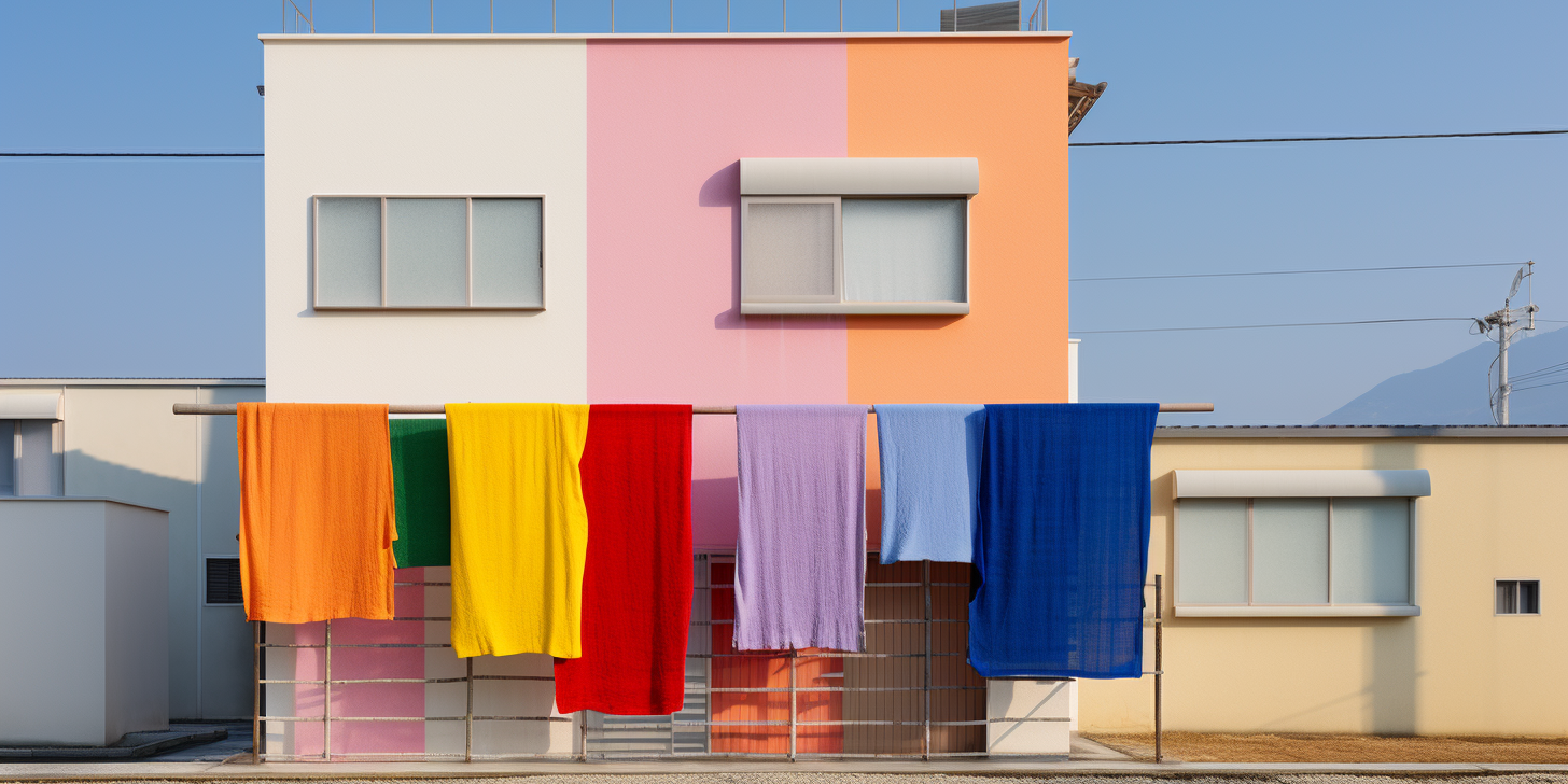 A color blocking paint design on the side of a building in cream, pink and pale orange highlighting a variety of exterior paints.