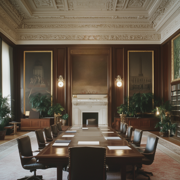A neo-classical law office with mahogany wall paneling, opulent carpets, and leather furniture.