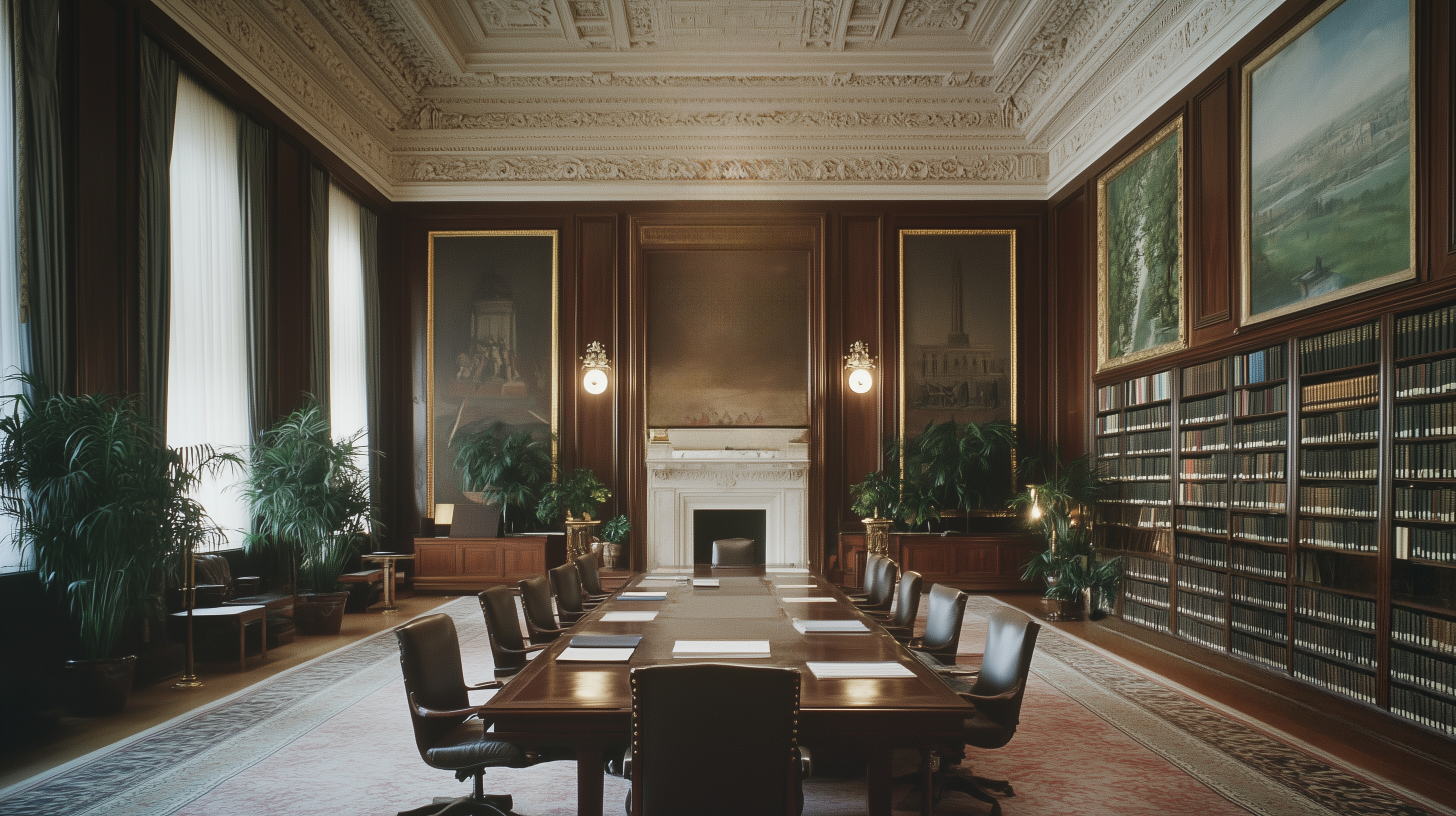 A neo-classical law office with mahogany wall paneling, opulent carpets, and leather furniture.