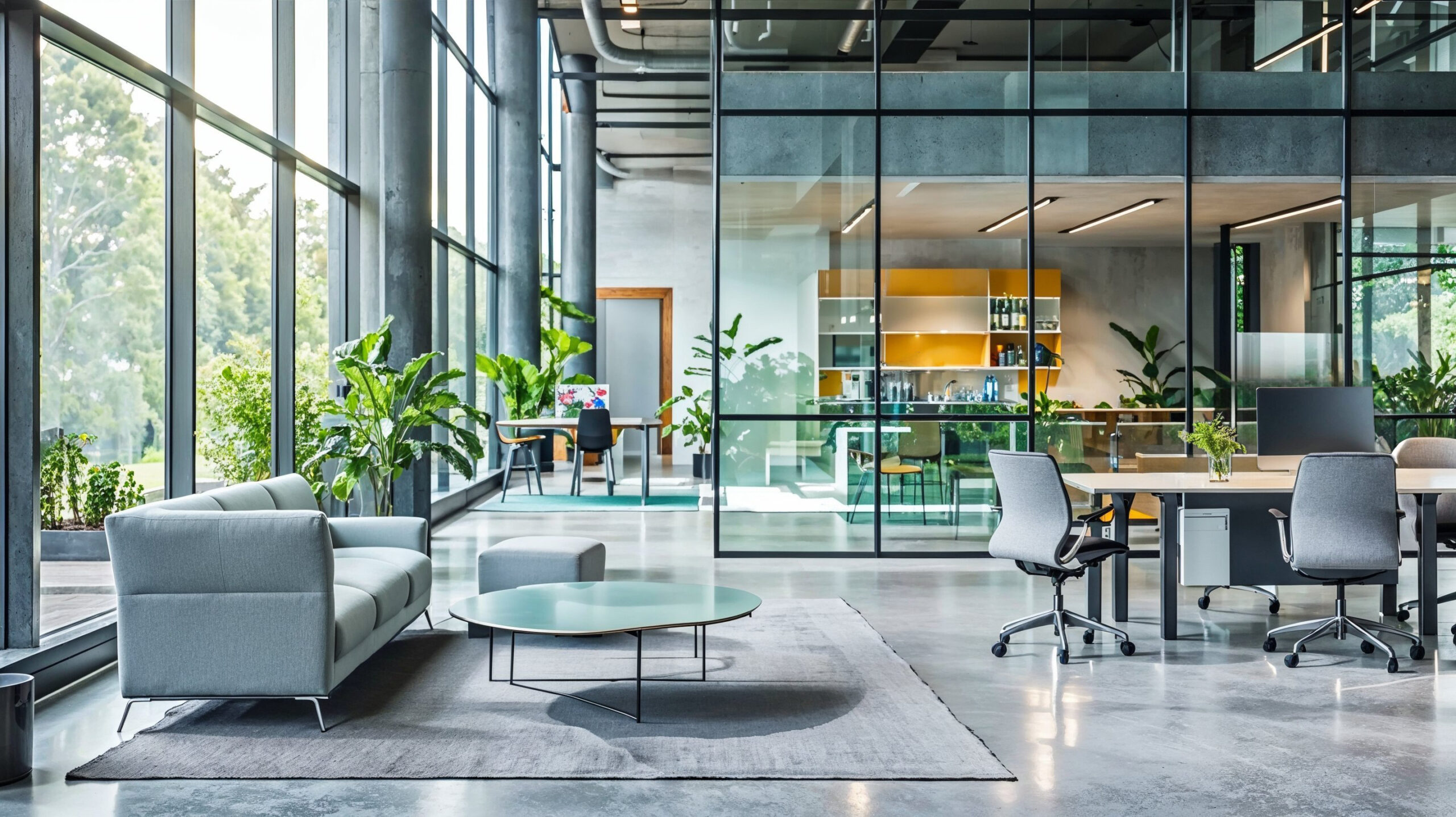 A modern office space with sustainable furnishings. A glass walls and large windows overlooking nature and lush greenery outside, contemporary furniture such as grey sofas and gray chairs, white and light wood desks, and light blue coffee table.