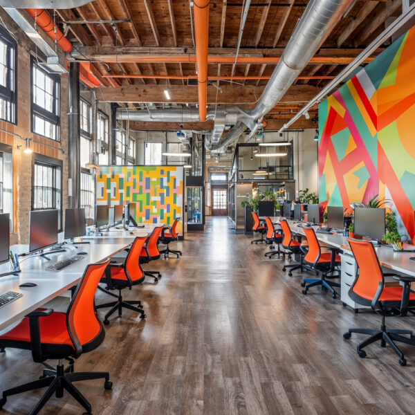 A vibrant, colorful neon mural adorns the walls of an open-plan office space. The bright hues and geometric patterns create a lively atmosphere that is perfect for a creative work environment. In front there are rows of white desks with orange chairs. There are several computers on each desk and plants scattered throughout to add green elements to the room. The large windows bring natural light into the area.