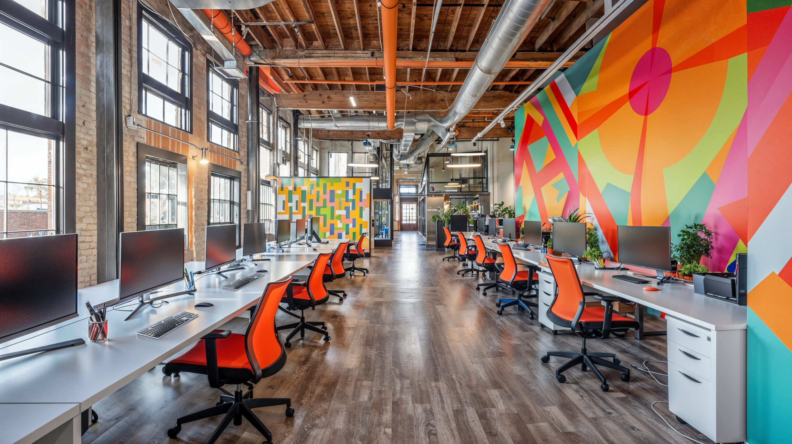 A vibrant, colorful neon mural adorns the walls of an open-plan office space. The bright hues and geometric patterns create a lively atmosphere that is perfect for a creative work environment. In front there are rows of white desks with orange chairs. There are several computers on each desk and plants scattered throughout to add green elements to the room. The large windows bring natural light into the area.