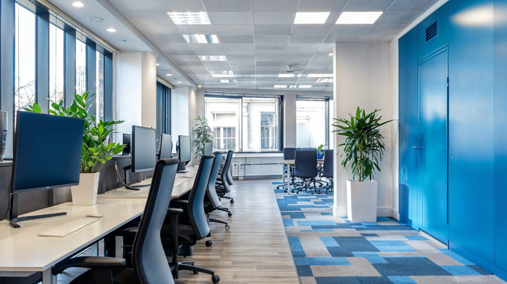 Modern office with neon blue doors, white desks, chairs, grey and blue carpet flooring, computer screens on the desks, plants in pots, windows with natural light.